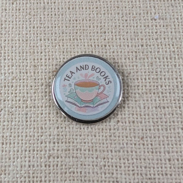 Tea and Books - Tea and Reading Themed Badge - Large Resin Topped Pin Badge 