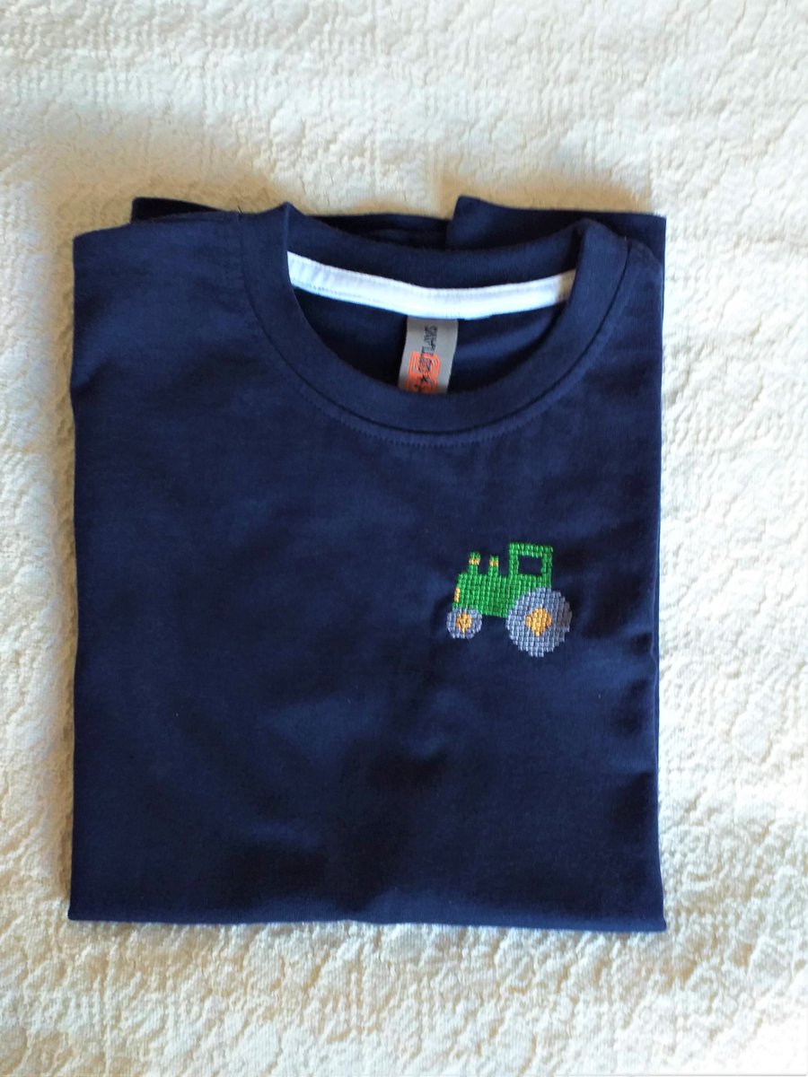 Navy T-shirt age 5-6 with hand embroidered green tractor