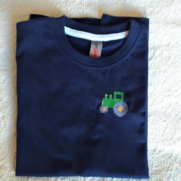 Navy T-shirt age 5-6 with hand embroidered green tractor