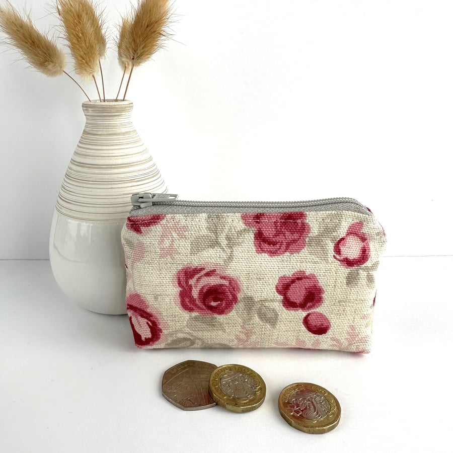Coin Purse, Small Purse with Small Pink Roses Pattern