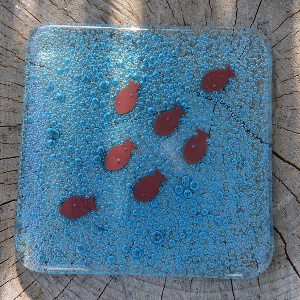 Fused Glass Copper Fish Bubbly Coasters x 2 - Custom Order for Amy Abet Hell