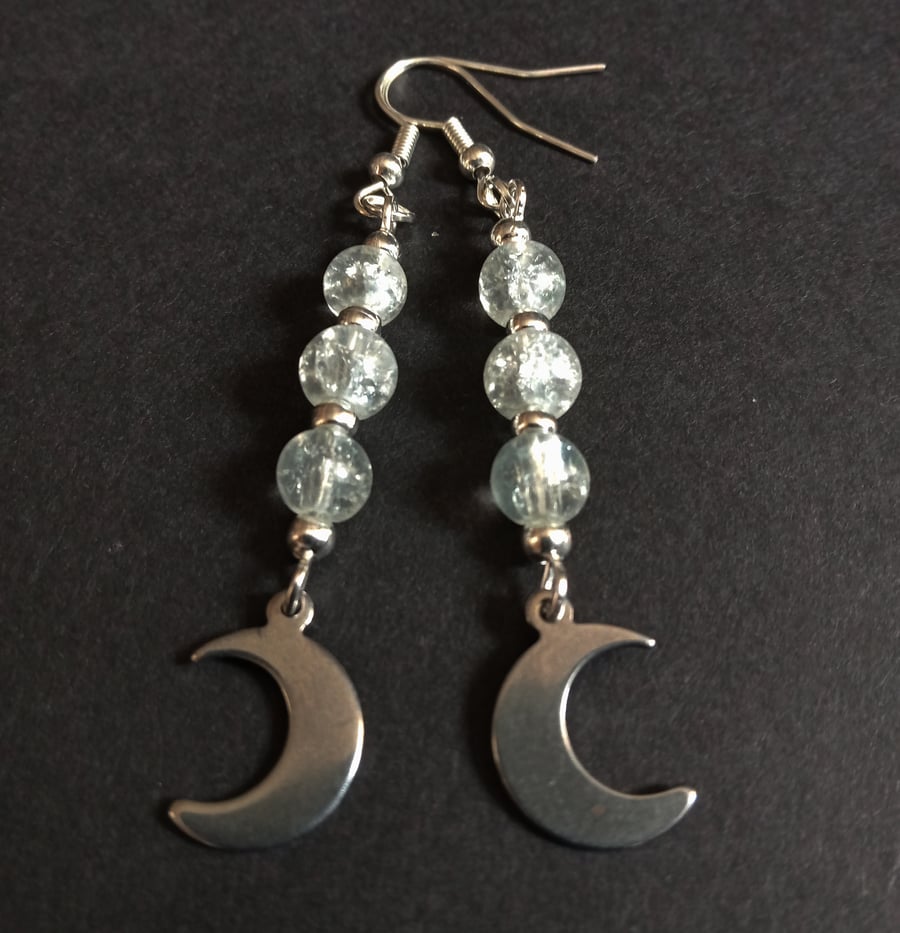 White Glass Bead Silver Plate Moon Dangle Earrings