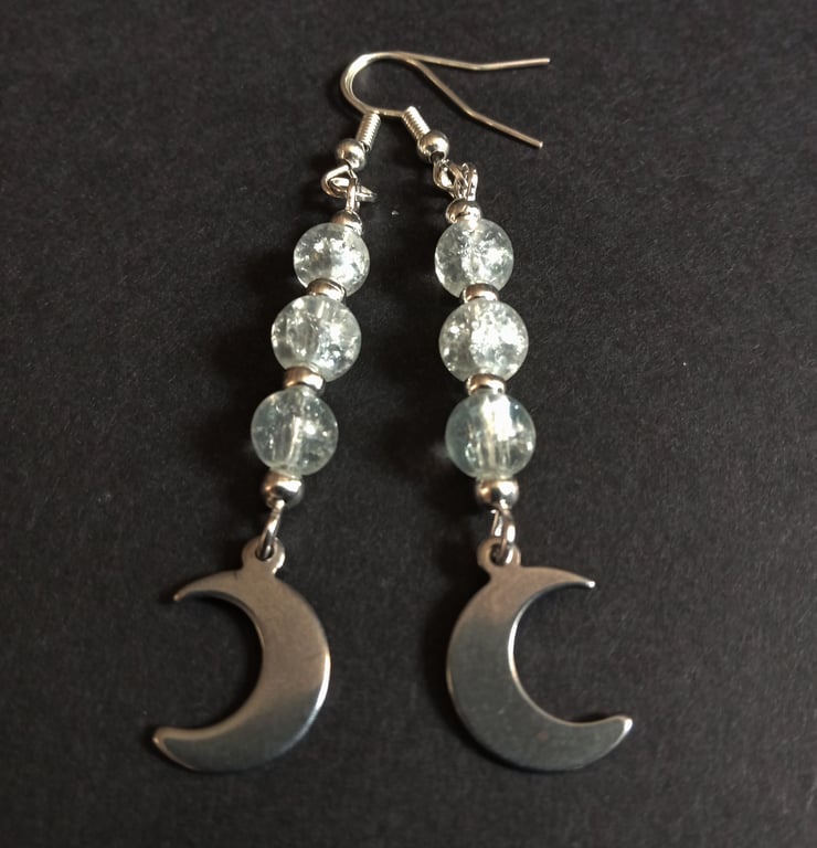 White Glass Bead Silver Plate Moon Dangle Earrings