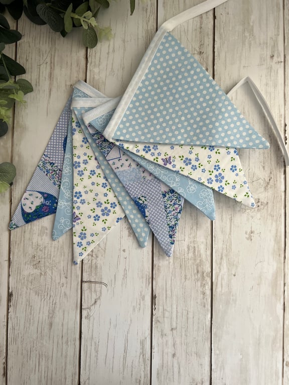 Handmade Fabric Bunting 8 Flags in Blue & White Floral and Patterned Design