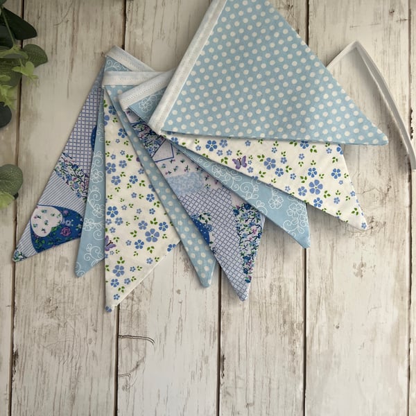 Handmade Fabric Bunting 8 Flags in Blue & White Floral and Patterned Design