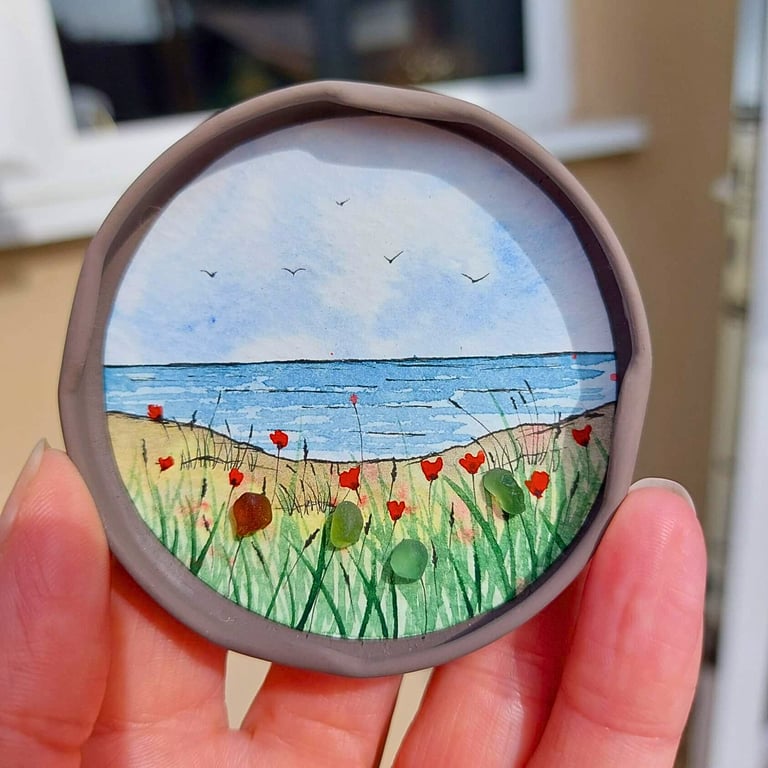 Handmade Beach Grasses Fridge Magnet, Mini Sea Glass Watercolour Sustainable Art