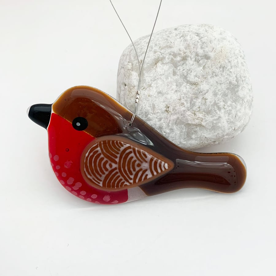 Fused Glass Jazzy Christmas Robin Hanging - Handmade Christmas Decoration