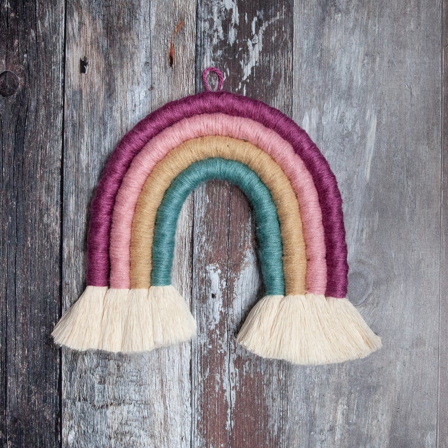 Medium rainbow wall hanging in a teal, tan, pink & berry colour way
