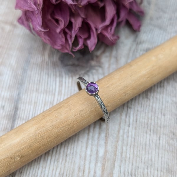 Sterling Silver Amethyst Gemstone 'Twilight' Patterned Oxidised Stacking Ring