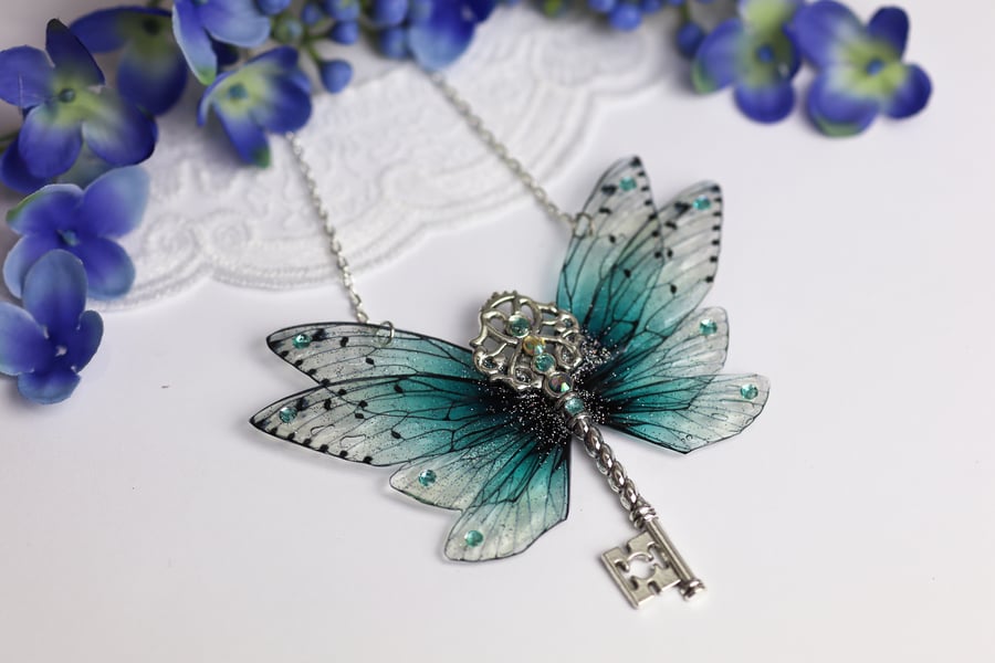 Fairy Wing Key Necklace Sky Blue Fairycore Cottagecore Boho Fairy Gift
