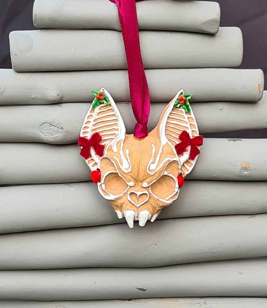 Spooky Christmas Gingerbread tone Bat Skull Hanging Ornament 