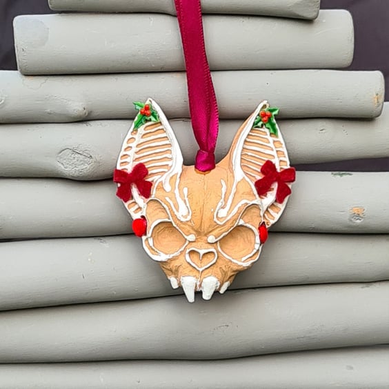 Spooky Christmas Gingerbread tone Bat Skull Hanging Ornament 
