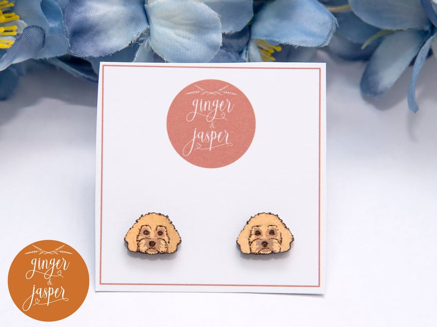 Cockapoo Stud Earrings, Hand Painted Wooden Dog Earrings, Gift For Dog Lover