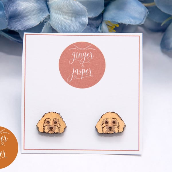 Cockapoo Stud Earrings, Hand Painted Wooden Dog Earrings, Gift For Dog Lover