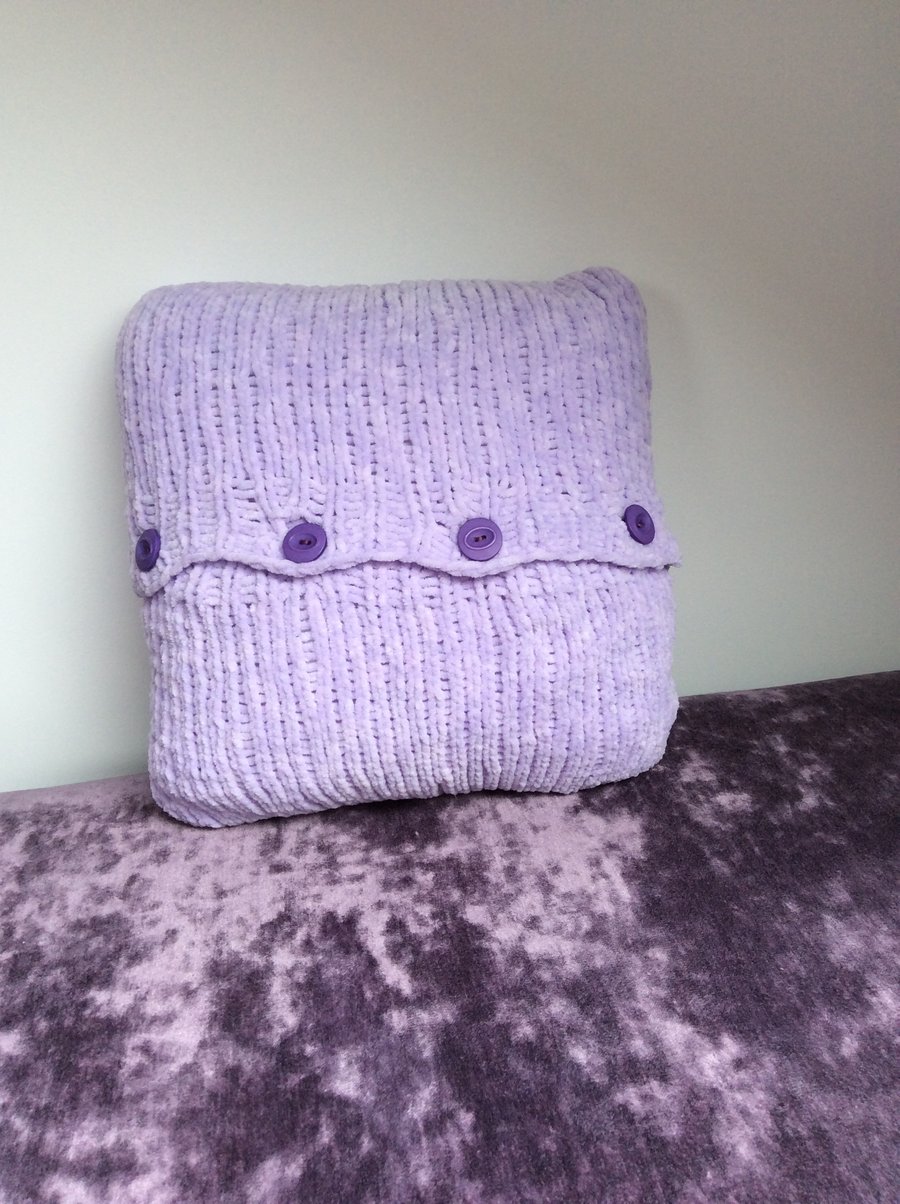 Cushion Cover Hand Knitted in Soft Lilac Chenille with Purple Buttons & Pad
