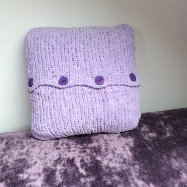 Cushion Cover Hand Knitted in Soft Lilac Chenille with Purple Buttons & Pad