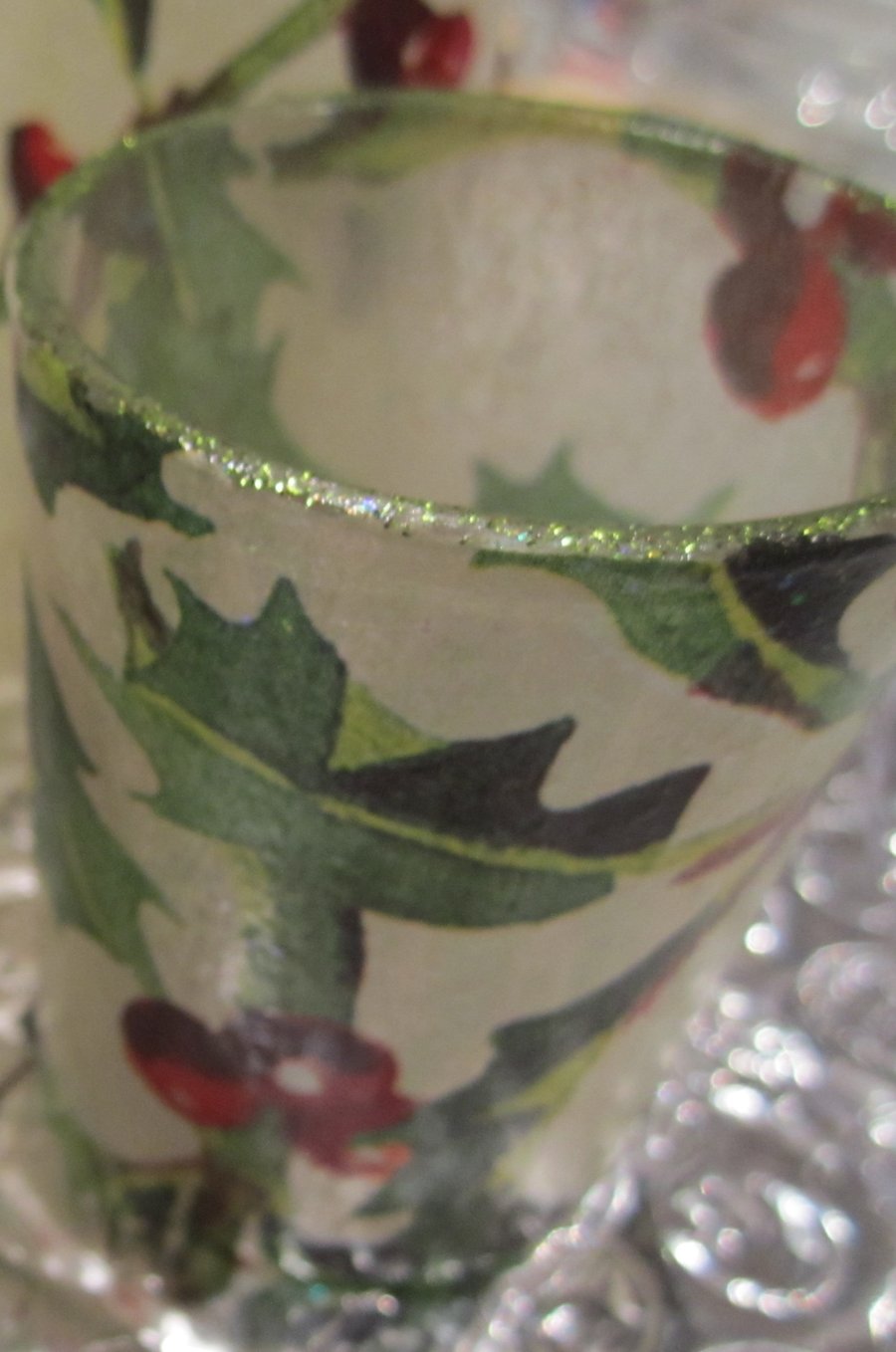 Votive Holder decoupaged with Emma Bridgewater Holly with green rim