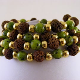 Green Dalmation Jasper and Lava Bead Memory Bracelet.