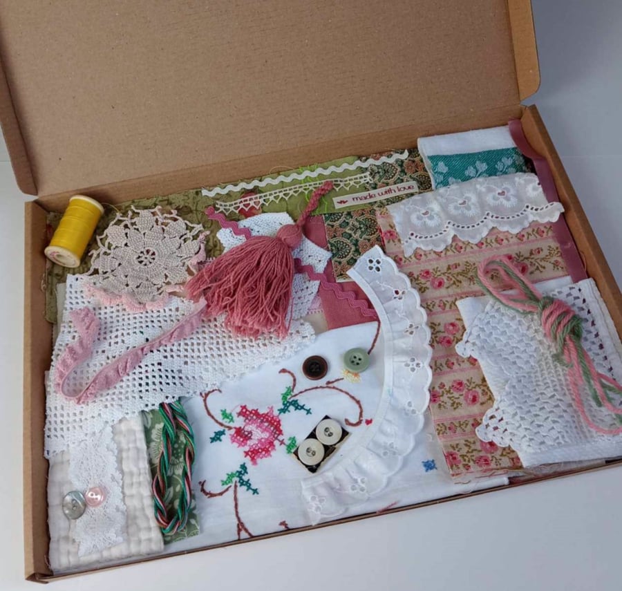 Slow Stitching kits - Vintage white linen with hand embroidered roses