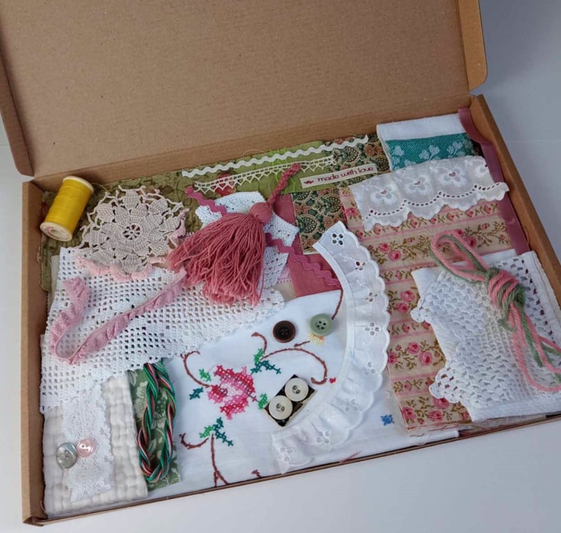 Slow Stitching kits - Vintage white linen with hand embroidered roses