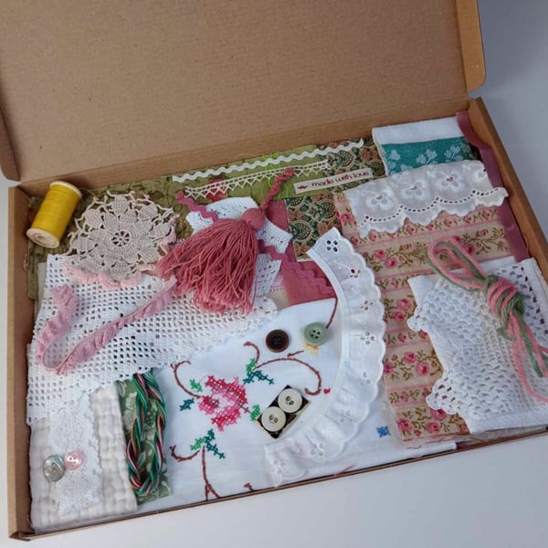 Slow Stitching kits - Vintage white linen with hand embroidered roses