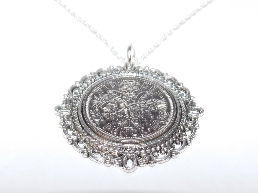 Fancy Pendant 1966 Lucky sixpence 55th Birthday plus a Sterling Silver 18in Chai