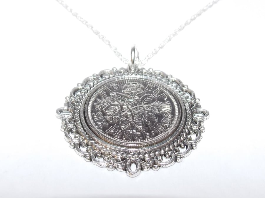 Fancy Pendant 1966 Lucky sixpence 60th Birthday plus a Sterling Silver 18in Chai