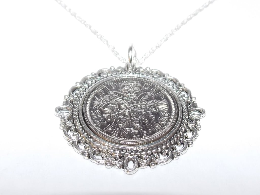 Fancy Pendant 1966 Lucky sixpence 60th Birthday plus a Sterling Silver 18in Chai