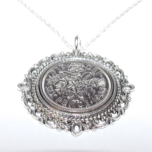 Fancy Pendant 1966 Lucky sixpence 60th Birthday plus a Sterling Silver 18in Chai