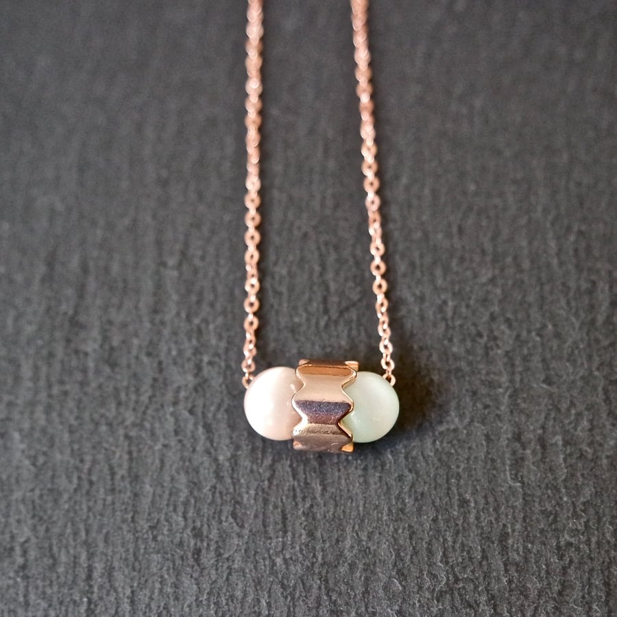Necklace - candy coloured rose gold plated double capsule cats eye beads