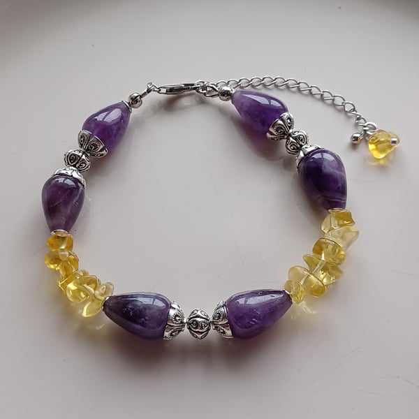 Amethyst and Citrine beaded bracelet, handmade gift for her