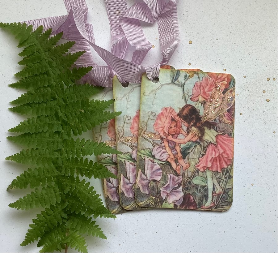 GIFT TAGS Vintage-style. ( set of 3 ) Flower Fairies . 'Sweet Pea' .Summer.