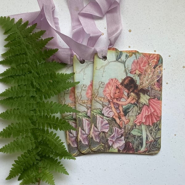 GIFT TAGS Vintage-style. ( set of 3 ) Flower Fairies . 'Sweet Pea' .Summer.