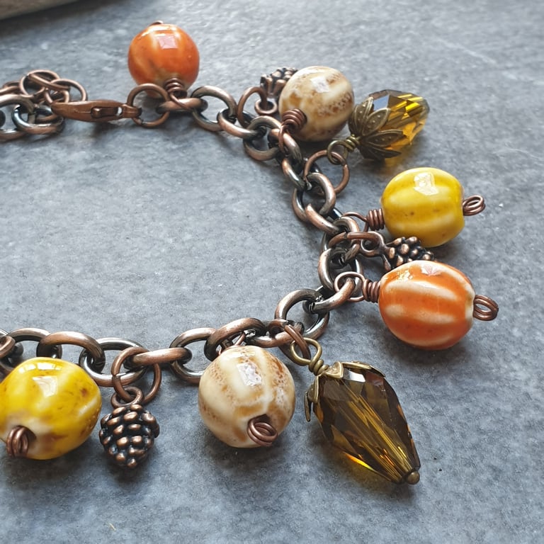Autumn beaded charm bracelet, Copper jewellery