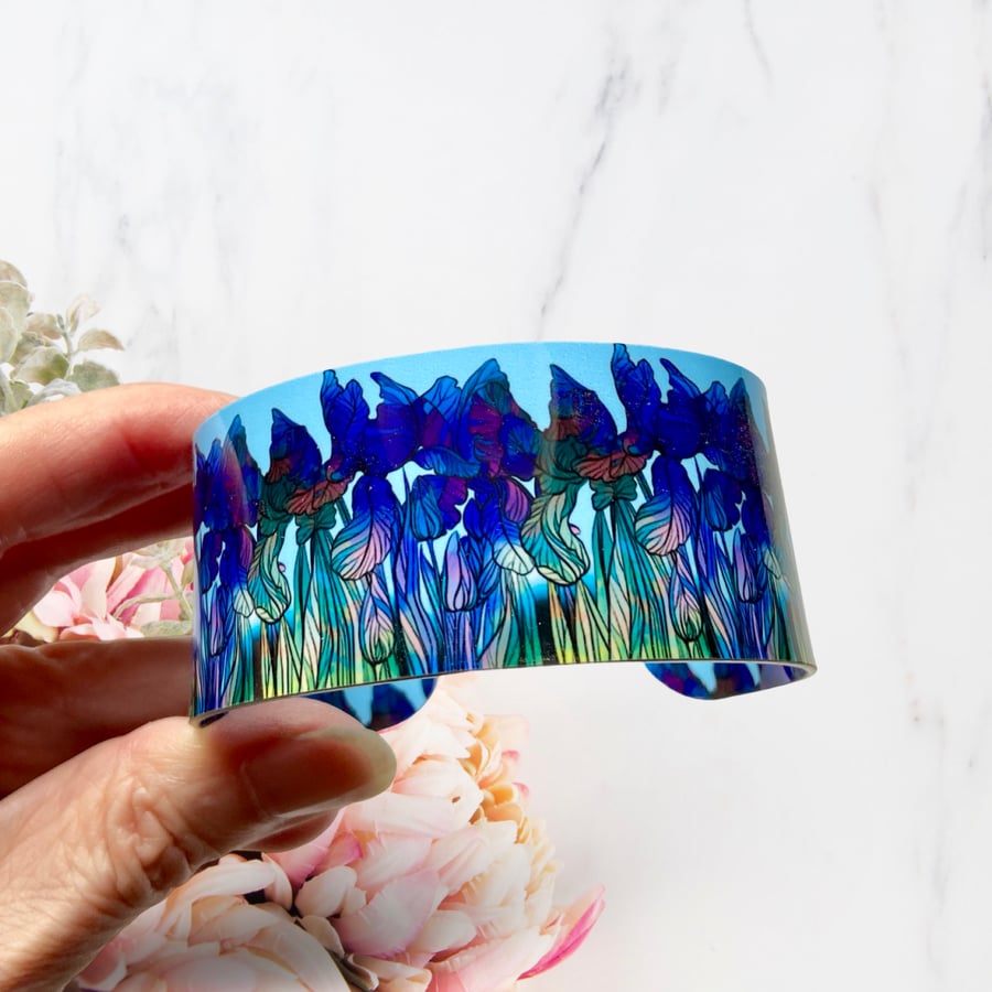 SALE iris flowers wide cuff bracelet, blue floral. Perfectly imperfect