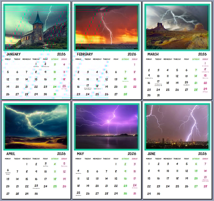 2026 Lightning Strikes Hanging Wall Calendar Each month A4 Size 