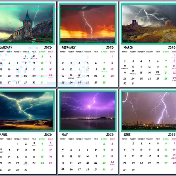 2026 Lightning Strikes Hanging Wall Calendar Each month A4 Size 