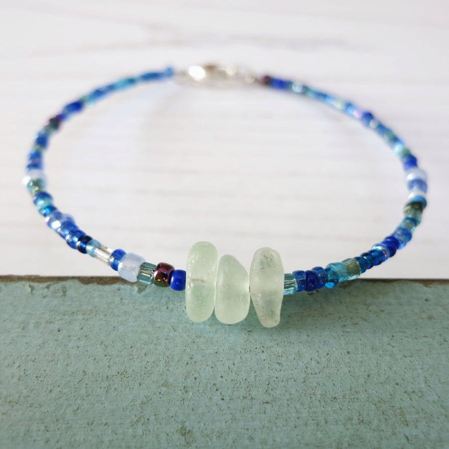 Cornish Sea Glass Bracelet with Blue Glass Seed Beads - White Shades