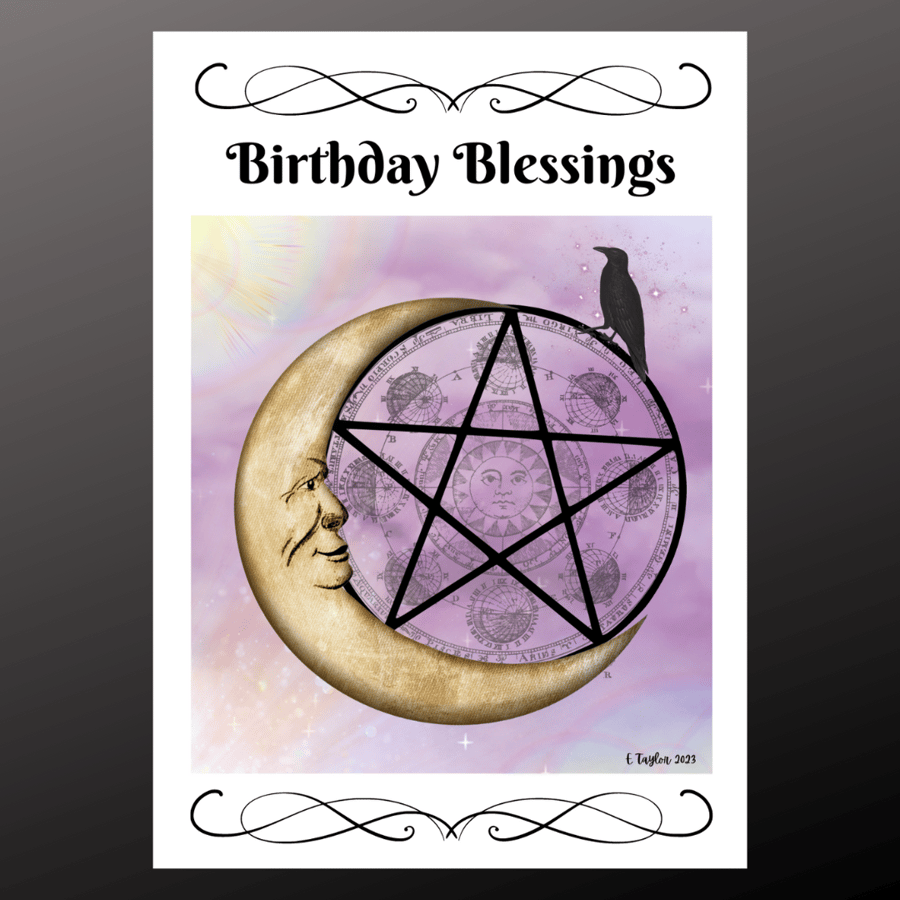 Moon Pentagram Birthday Blessings Card Personalised Seeded Wiccan Pagan Gothic
