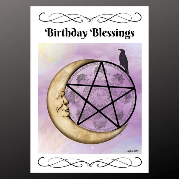 Moon Pentagram Birthday Blessings Card Personalised Seeded Wiccan Pagan Gothic