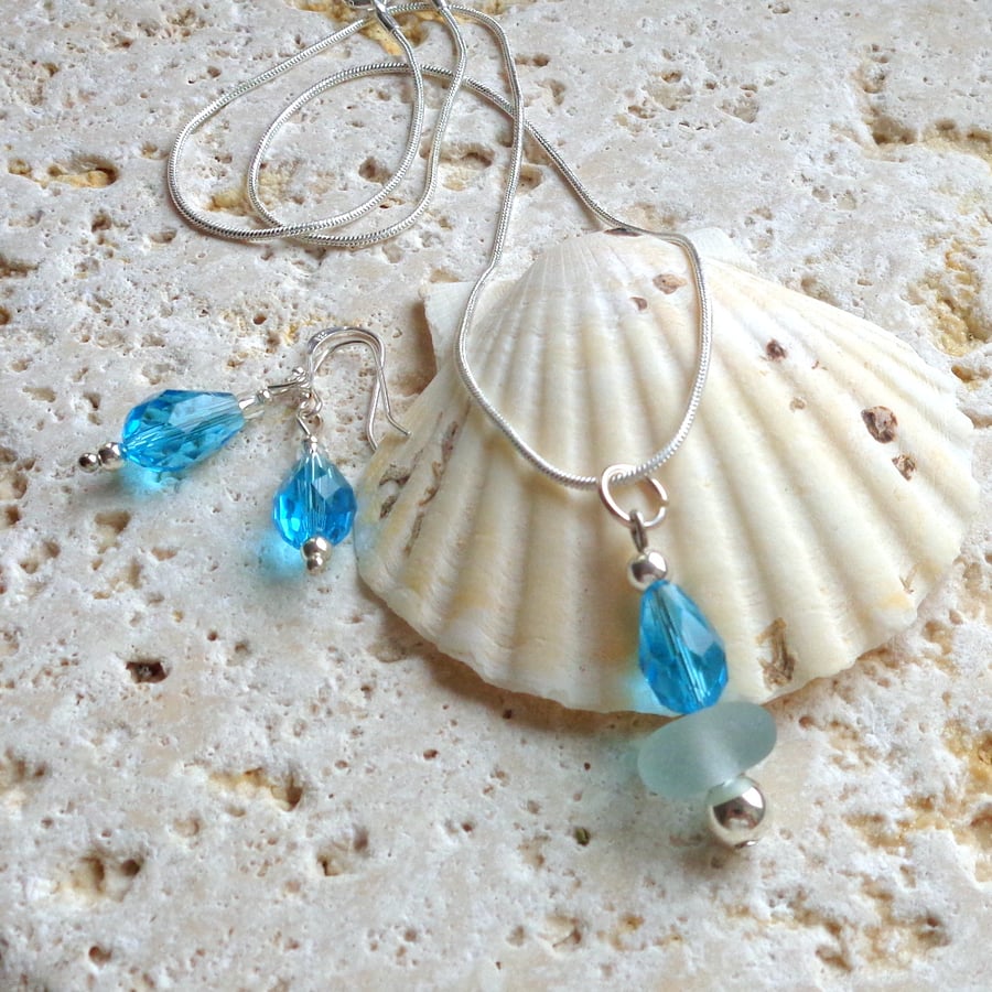 Sea glass, crystal glass & sterling silver pendant and earrings set 