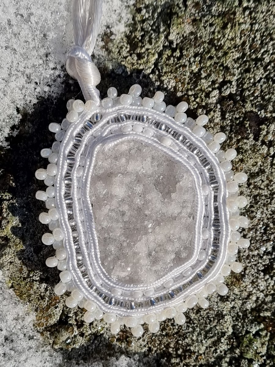 Snow Quartz Amulet – Handmade White Soutache Pendant with Gemstone & Beads