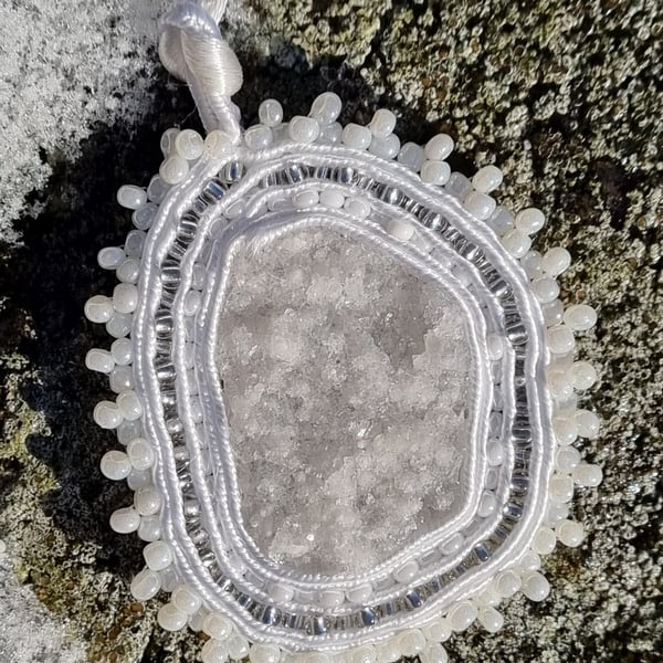 Snow Quartz Amulet – Handmade White Soutache Pendant with Gemstone & Beads