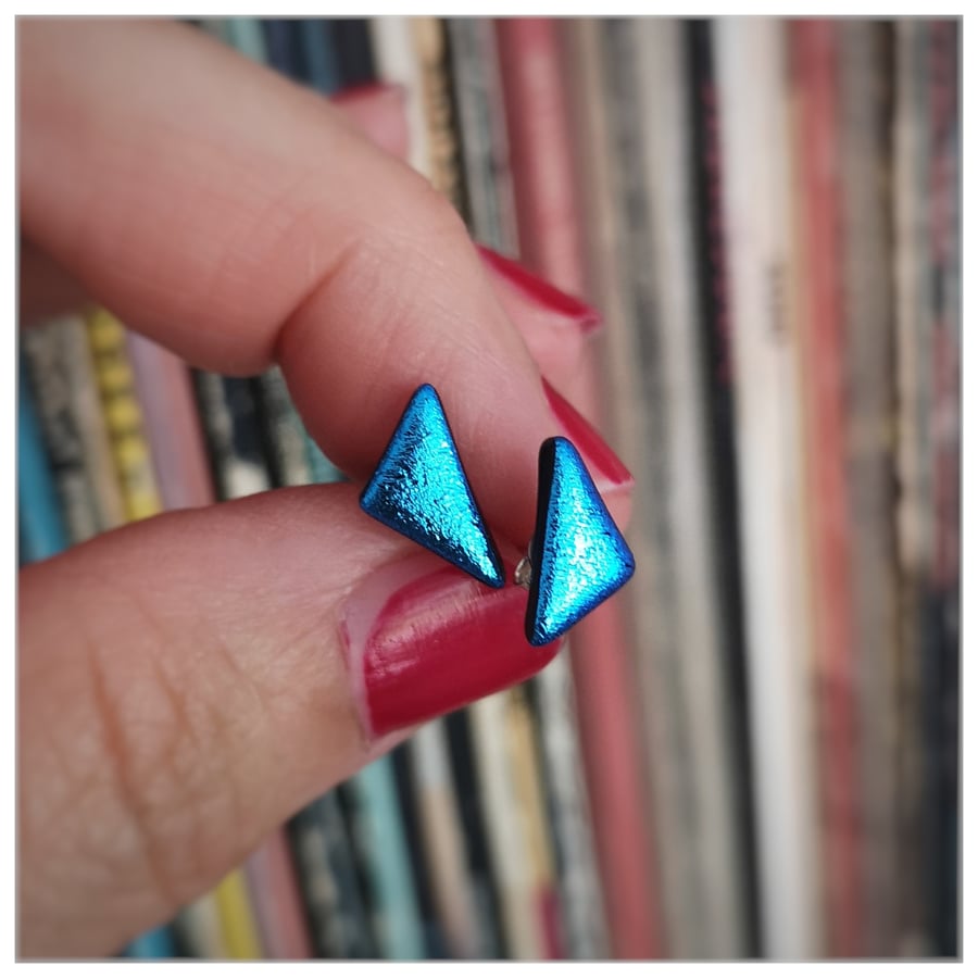 turquoise blue triangle glass stud earrings
