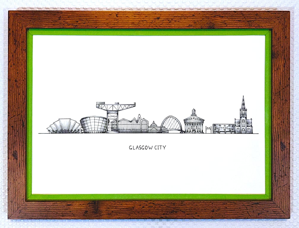 Glasgow Cityscape Handmade Unique Framed A3Print Light Green Border Wallart Gift