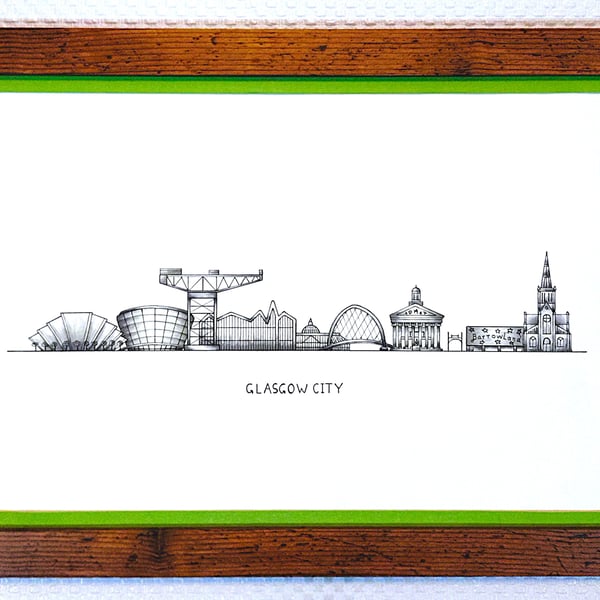 Glasgow Cityscape Handmade Unique Framed A3Print Light Green Border Wallart Gift