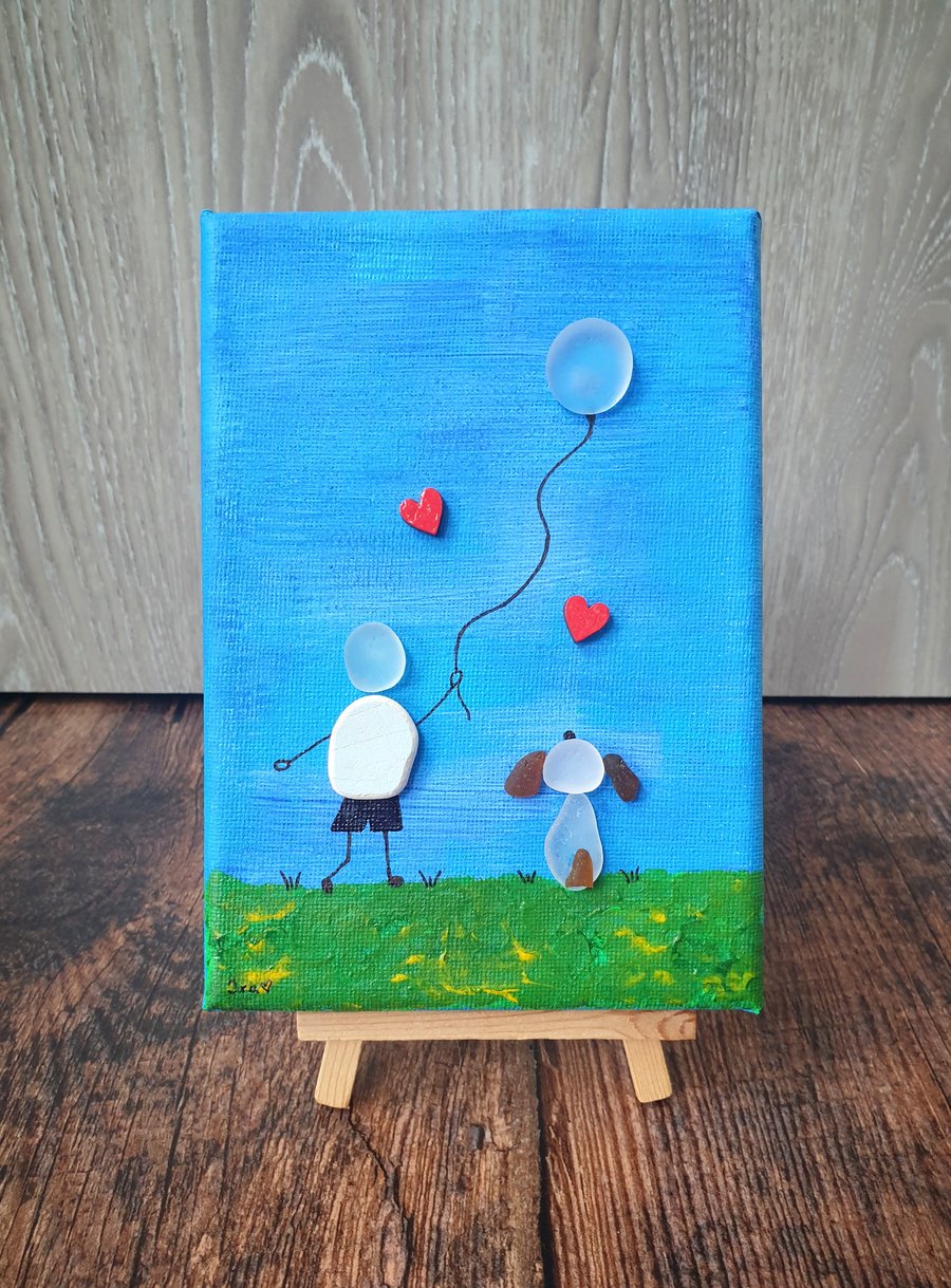 Sea glass and sea pottery canvas art "BEST FRIENDS" 