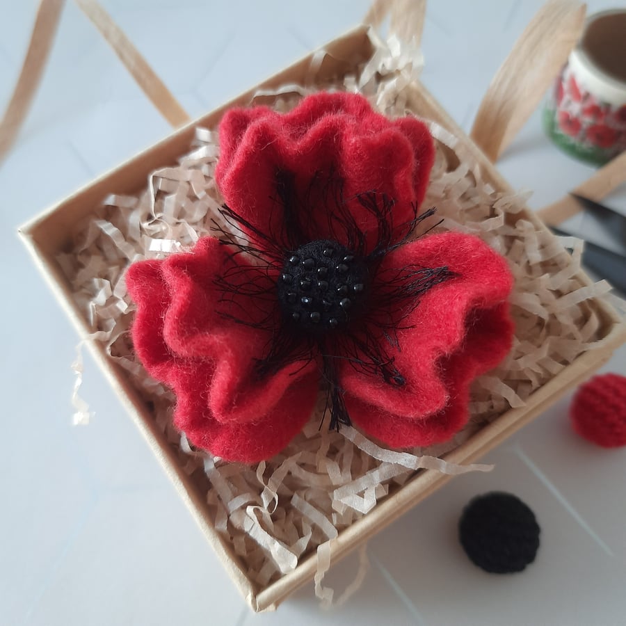 Seconds Sunday- Needle Felt Merino Poppy Brooch