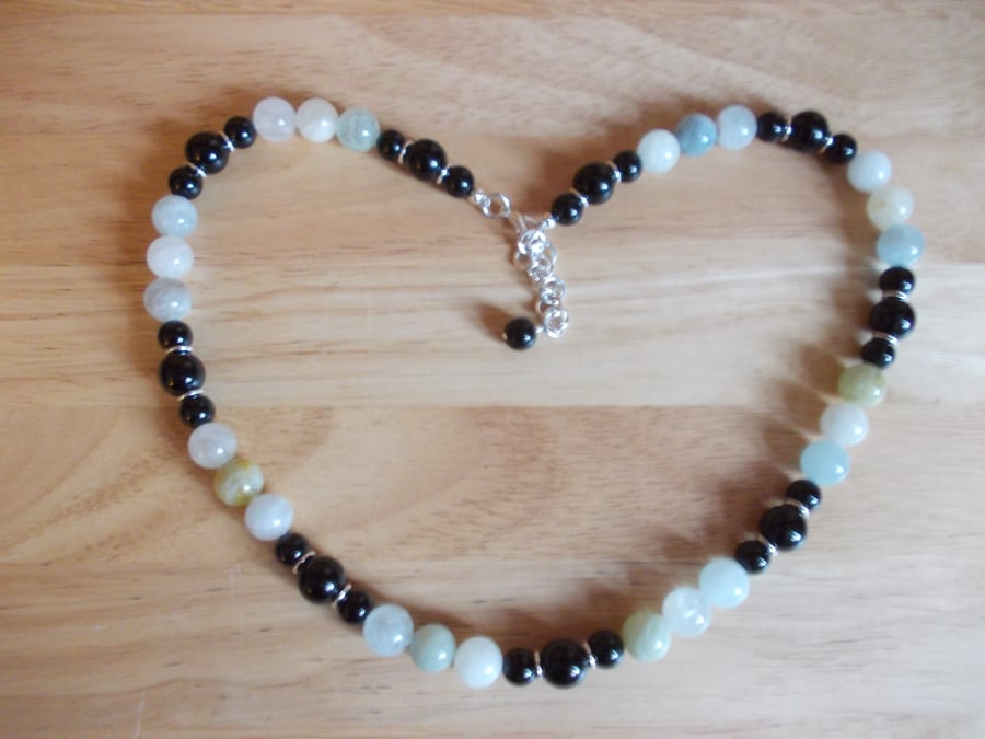 Aquamarine and black agate long length necklace