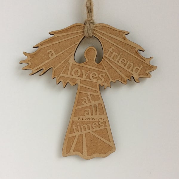 Etched wooden angel - a friend loves at all times